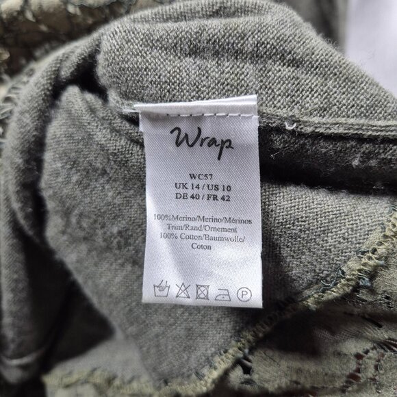 Wrap London Sweater Womens 10 Green Merino Wool Knit Cardigan Floral Lace Trim - Picture 7 of 10